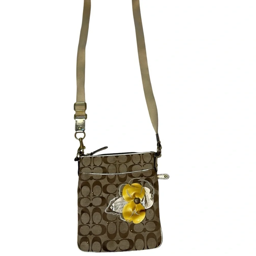 Coach Tan and Yellow Floral Crossbody Bag